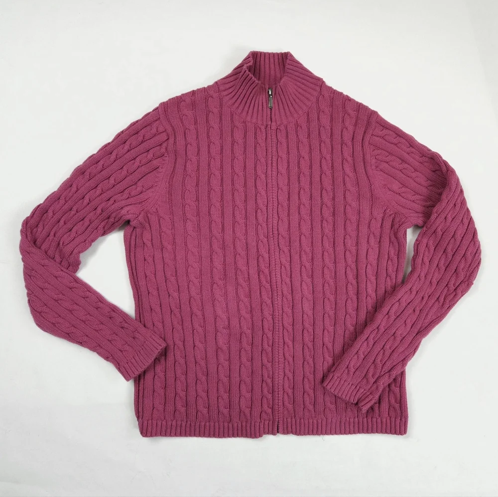 L.L. Bean Raspberry Cable Knit Cardigan - Picture 1 of 15